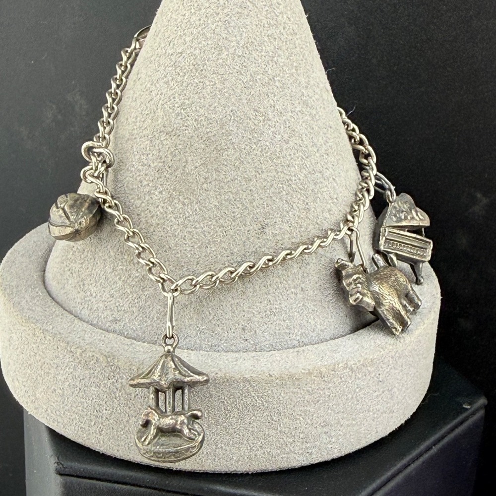 Vintage Estate Charm Bracelet Silver Tone Dog Piano Football Carousel 7in